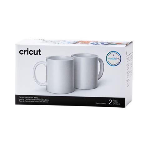 2007821 - Cricut Ceramic Mug Blank 12 Oz 2 Pack (White); 2 Infusible Ink™ compatible* mug blanks 12 oz / 350 ml in White *Sublimation compatible; Smooth, straight walls for flawless transfers; Dishwasher & microwave safe; For use with Cricut Mug Press™ & Infusible Ink products (sold separately)